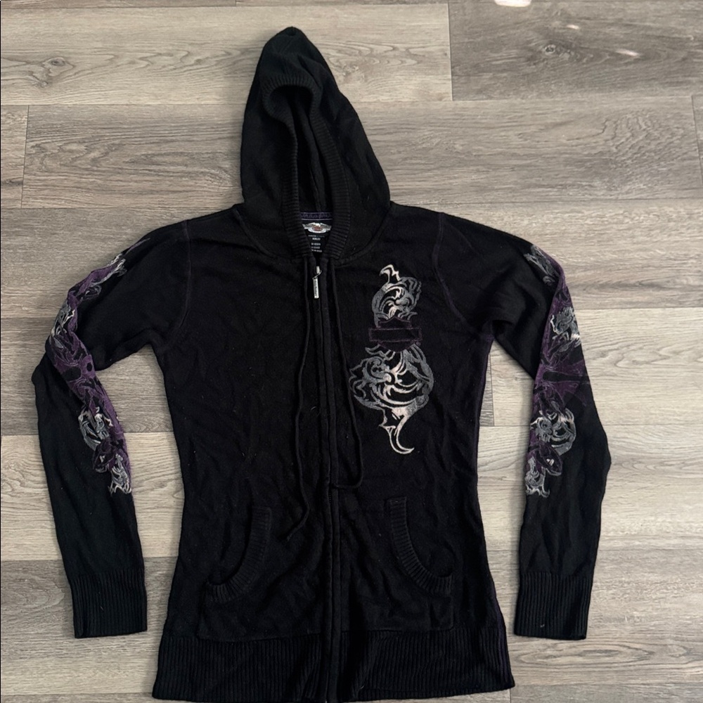 Harley-Davidson Zip-Up Hoodie Black Purple Graphic Size Small